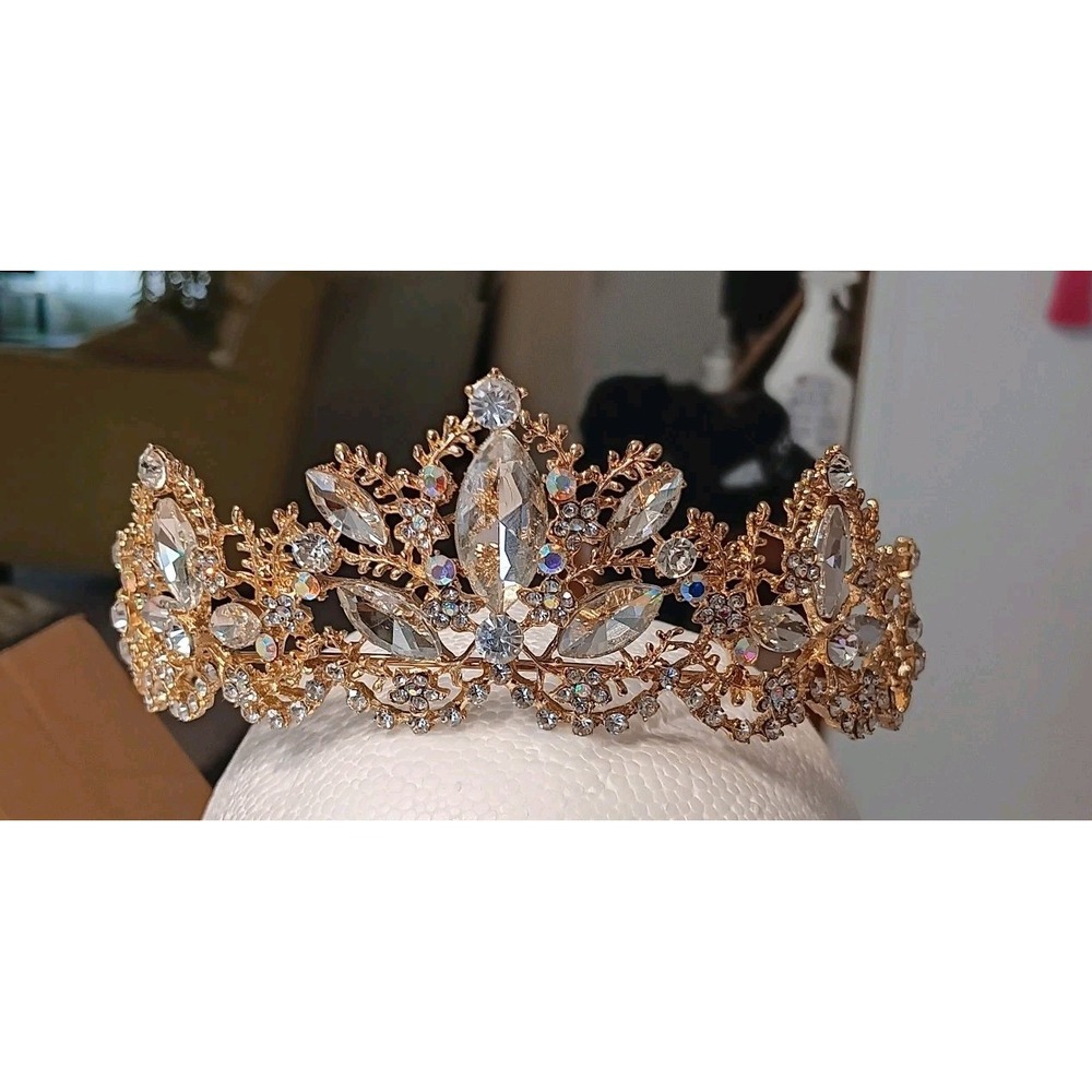 Gold Crown Bridal Prom Tiara with Faux Diamond Rhinestones Yellow Gold Frame‎